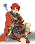  1boy bandages boots buckle cape eyebrows_visible_through_hair fingerless_gloves fire_emblem fire_emblem:_path_of_radiance fire_emblem:_radiant_dawn gloves highres holding holding_weapon hood knife looking_to_the_side male_focus red_eyes redhead shorts staff tormod_(fire_emblem) weapon yusya6_fe 