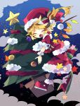  1girl alternate_costume back_bow black_legwear blonde_hair blue_background blush bow christmas_ornaments christmas_tree closed_eyes clouds commentary_request crystal fangs flandre_scarlet full_body fur_trim green_bow hat hat_bow highres long_hair multicolored_bow nikorashi-ka open_mouth pantyhose pointy_ears red_bow red_footwear red_headwear red_shirt red_skirt santa_hat shirt shoes short_sleeves side_ponytail skirt sky sleeve_cuffs solo star_(sky) star_(symbol) starry_sky touhou wings wrist_cuffs 