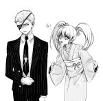 1boy 1girl bow closed_mouth collared_shirt commentary_request dangan_ronpa_(series) dangan_ronpa_2:_goodbye_despair eyepatch formal freckles greyscale hair_bow japanese_clothes kimono kuzuryuu_fuyuhiko long_hair long_sleeves looking_at_another mole mole_under_mouth monochrome necktie obi open_mouth pants pekupe_(p_krr) saionji_hiyoko sash shaded_face shirt short_hair striped striped_jacket striped_pants suit translation_request twintails very_short_hair wide_sleeves 