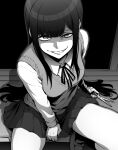  1girl absurdres bangs ebiblue greyscale grin highres long_hair looking_at_viewer monochrome original pleated_skirt school_uniform scissors sitting skirt smile solo sweater_vest 