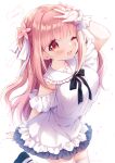  1girl absurdres bangs breasts dress eyebrows_visible_through_hair hand_on_head highres indie_virtual_youtuber itsuki_jun kohanai_momomi looking_at_viewer medium_breasts one_eye_closed pink_eyes pink_hair solo thigh-highs two_side_up v virtual_youtuber white_dress wrist_cuffs 