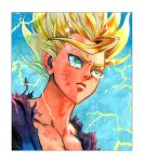  1boy absurdres bare_pecs blonde_hair border closed_mouth crying dragon_ball dragon_ball_z electricity green_eyes highres injury jigme male_focus scratches solo son_gohan sparkle super_saiyan tears torn torn_clothes traditional_media upper_body white_border 