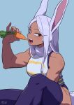  1girl animal_ears bare_shoulders blue_background boku_no_hero_academia breasts carrot dark_skin eating highres large_breasts long_hair looking_at_viewer mirko muscular muscular_female open_mouth rabbit_ears rabbit_tail red_eyes sanekome simple_background solo tail thigh-highs tight_clothes white_hair 