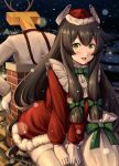  1boy 1girl anchor_necklace antlers bag bangs black_hair blush bow chimney christmas commentary_request dress fur_trim gloves green_bow green_eyes hair_bow hat highres i-47_(kantai_collection) ichikawa_feesu kantai_collection long_hair looking_at_viewer military military_uniform night night_sky open_mouth red_dress reindeer_antlers santa_hat sidelocks sitting sky snow snowing sweat t-head_admiral thigh-highs uniform very_long_hair wariza white_gloves white_legwear 