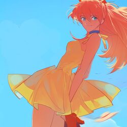  1girl @_bystander blue_eyes dress high_heels interface_headset long_hair neon_genesis_evangelion orange_hair ribbon sky solo souryuu_asuka_langley sundress 