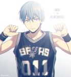  1boy backlighting bangs bare_shoulders basketball_uniform black_shirt blue_eyes blue_hair closed_mouth clothes_writing commentary_request copyright_name grey_background hands_up kuroko_no_basuke kuroko_tetsuya lens_flare looking_at_viewer male_focus mashima_shima national_basketball_association number san_antonio_spurs serious shirt short_hair simple_background sleeveless sleeveless_shirt solo sportswear sweatband twitter_username upper_body 