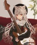  1girl animal_ears bangs black_choker black_footwear braid chiemo_(xcem) choker couch cushion earrings extra_ears french_braid grey_hair guitar highres holding holding_instrument instrument jewelry long_hair long_sleeves open_mouth original plant red_eyes sitting solo upper_body 