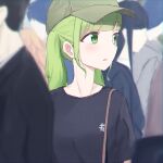  3boys 3girls absurdres bag bangs baseball_cap black_shirt blurry blurry_background blurry_foreground breasts brown_hair crowd depth_of_field eyebrows_visible_through_hair green_eyes green_hair green_headwear hat highres long_hair morinaka_kazaki multiple_boys multiple_girls nijisanji otogibara_era shirt shoulder_bag small_breasts twintails virtual_youtuber yotsugi 