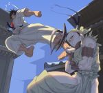  2girls bandaged_arm bandages bare_shoulders barefoot battle belt black_belt brown_eyes brown_hair brown_scarf clenched_hand clenched_teeth dougi fingernails flying_kick highres ibuki_(street_fighter) kasugano_sakura kicking long_hair multiple_girls muscular muscular_female ninja one_eye_closed outdoors parted_lips ponytail roku_(rokusuppo) scarf short_hair street_fighter sweat teeth toenails torn torn_clothes 