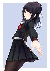  1girl absurdres bangs black_hair commentary_request eyebrows_visible_through_hair highres idolmaster idolmaster_shiny_colors kazano_hiori long_hair miyar2d2 mole mole_under_mouth ponytail school_uniform serafuku skirt thighs violet_eyes 