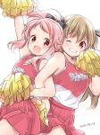 2girls :d anima_yell! arm_up armpits back-to-back bare_legs bare_shoulders black_bow bow cheering cheerleader close-up collarbone commentary_request dated eyebrows_visible_through_hair floating_hair grin hair_bow hatoya_kohane holding holding_pom_poms light_brown_hair locked_arms long_hair looking_at_viewer manga_time_kirara minagi_koharu multicolored_shirt multiple_girls one_eye_closed open_mouth pink_eyes pink_hair pleated_skirt pom_poms ponytail red_eyes red_shirt red_skirt red_t-shirt shirt sidelocks simple_background skirt sleeveless sleeveless_shirt slow_loop smile striped striped_bow two_side_up uchino_maiko white_background white_shirt