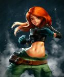  1girl baggy_pants belt cargo_pants crop_top gloves green_pants highres huge_filesize impossible_pants iruuse kim_possible loose_belt loose_pants lowleg lowleg_pants midriff navel orange_hair pants pants_loose_around_waist pose sagging_pants smile turtleneck 