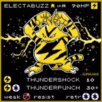  arms_up black_background character_name claws commentary creature electabuzz electricity english_text fangs full_body gen_1_pokemon highres no_humans pixel_art pokemon pokemon_(creature) pokemon_trading_card_game silphwave simple_background solo standing star_(symbol) 