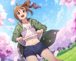  1girl :d ahoge bangs blue_shorts blue_sky blurry blurry_background brown_hair cherry_blossoms clothes_writing clouds cloudy_sky commentary day denim denim_shorts depth_of_field drill_hair dutch_angle eyebrows_visible_through_hair grass green_jacket hair_ornament hair_scrunchie idolmaster idolmaster_million_live! jacket jewelry kamille_(vcx68) lifebuoy_ornament long_sleeves looking_at_viewer navel necklace open_clothes open_jacket open_mouth outdoors red_scrunchie scrunchie shirt shirt_basket short_hair short_shorts shorts side_drill side_ponytail sky smile solo standing star_(symbol) star_necklace tree violet_eyes white_shirt wind yokoyama_nao 