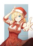  1girl absurdres arm_up blonde_hair blue_eyes bow breasts clenched_teeth commentary english_commentary foreshortening hat highres hololive large_breasts long_hair looking_at_viewer monocle one_eye_closed outstretched_arm pom_pom_(clothes) red_bow red_skirt santa_hat shirt skirt solo standing suiiryu teeth upper_body v watson_amelia white_shirt 