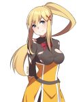  1girl black_bodysuit blonde_hair blue_eyes blush bodysuit braid breasts darkness_(konosuba) dress hair_ornament harukagi kono_subarashii_sekai_ni_shukufuku_wo! long_hair looking_at_viewer medium_breasts ponytail red_ribbon ribbon sidelocks simple_background solo torn_bodysuit torn_clothes white_background x_hair_ornament 