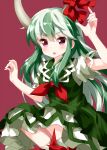  1girl bangs bow dress ex-keine eyebrows_visible_through_hair green_dress green_hair hair_between_eyes highres horn_bow horn_ornament horns index_finger_raised kamishirasawa_keine long_hair looking_at_viewer multicolored_hair open_mouth puffy_short_sleeves puffy_sleeves red_background red_bow red_eyes red_neckwear ruu_(tksymkw) short_sleeves simple_background solo touhou two-tone_hair v-shaped_eyebrows white_hair white_legwear 