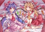  2girls all_fours arm_support ascot ayatsuki_sugure back_bow bat_wings blonde_hair blurry blush bow breasts brooch closed_mouth clothing_cutout commentary_request crystal depth_of_field dress eyebrows_visible_through_hair flandre_scarlet flower grin hair_between_eyes hat hat_bow highres jewelry looking_at_viewer mob_cap multiple_girls one_side_up pink_dress pink_flower pink_headwear pink_rose pointy_ears purple_hair red_bow red_dress red_eyes red_neckwear remilia_scarlet rose short_hair shoulder_cutout siblings sisters sitting small_breasts smile socks touhou white_bow white_headwear white_legwear wings wrist_cuffs yellow_neckwear yokozuwari 