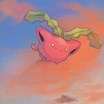  closed_mouth commentary creature english_commentary floating full_body gen_2_pokemon happy hoppip no_humans outdoors pinkgermy pokemon pokemon_(creature) sky smile solo yellow_eyes 