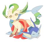  apios1 brown_sclera closed_eyes commentary_request full_body gen_1_pokemon gen_4_pokemon leafeon looking_up lying no_humans on_stomach open_mouth parted_lips pawpads pokemon pokemon_(creature) simple_background towel vaporeon white_background white_eyes 