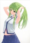  1girl armpits arms_up bangs bare_shoulders blue_skirt blunt_bangs breasts commentary cowboy_shot eyebrows_visible_through_hair frog_hair_ornament green_eyes green_hair hair_ornament hair_tubes hand_in_hair highres kanpa_(campagne_9) kochiya_sanae large_breasts long_hair looking_at_viewer midriff_peek mouth_hold navel shirt sidelocks simple_background skirt sleeveless sleeveless_shirt snake_hair_ornament solo standing touhou white_background white_shirt 