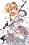  1girl absurdres blonde_hair blush bouquet closed_mouth commentary_request dress elbow_gloves flower frilled_dress frilled_hairband frills girls_frontline gloves gun hair_flower hair_ornament hairband heart heart_hands high_heels highres jewelry ndtwofives object_namesake petals pleated_dress ponytail red_eyes red_flower red_rose rifle ring rose shoes smile sniper_rifle sniper_scope solo sv-98 sv-98_(girls_frontline) thigh-highs weapon weapon_on_back wedding_band wedding_dress white_footwear white_gloves white_hairband white_legwear 