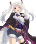  1girl absurdres animal_ears belt fire_emblem fire_emblem_awakening fire_emblem_heroes fur_trim gloves grima_(fire_emblem) halloween_costume highres long_sleeves open_mouth paw_gloves paws rainpoow red_eyes robin_(fire_emblem) robin_(fire_emblem)_(female) shorts simple_background solo tail thigh_strap twintails white_background white_hair wolf_ears wolf_tail 