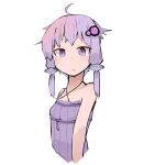  1girl ahoge bare_shoulders commentary criss-cross_halter cropped_torso dress expressionless hair_ornament hair_tubes halterneck highres huuapainter purple_dress purple_hair short_hair sidelocks sleeveless sleeveless_dress solo upper_body violet_eyes vocaloid voiceroid white_background yuzuki_yukari 