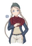  1girl alternate_costume belt blue_eyes braid closed_mouth cookie fire_emblem fire_emblem_fates food grey_hair hand_on_hip highres holding holding_food looking_at_viewer nina_(fire_emblem) scarf smile solo tlayolistudio upper_body 