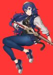  1girl alternate_costume blue_eyes blue_hair closed_mouth converse denim ebinku falchion_(fire_emblem) fire_emblem fire_emblem_awakening full_body highres holding holding_weapon jacket jeans long_hair looking_at_viewer lucina_(fire_emblem) pants teeth tiara weapon 