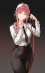  1girl braid breasts chainsaw_man collar eyebrows_visible_through_hair formal gradient gradient_background highres leash long_hair looking_at_viewer makima_(chainsaw_man) necktie nr_noir pink_hair shirt_tucked_in smile solo suit 