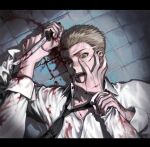  1boy 1other black_neckwear blonde_hair blood blood_on_face bloody_clothes collared_shirt cuts dangan_ronpa_(series) dangan_ronpa_2:_goodbye_despair freckles hand_on_another&#039;s_face holding holding_knife holding_weapon injury knife kuzuryuu_fuyuhiko letterboxed long_sleeves looking_at_viewer loose_necktie lying male_focus necktie on_back on_floor open_mouth pekupe_(p_krr) shirt short_hair solo_focus tile_floor tiles very_short_hair weapon white_shirt wrist_grab 
