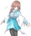  1girl bangs blue_cardigan blue_eyes blue_skirt blush breasts brown_hair cardigan closed_mouth go-toubun_no_hanayome hair_between_eyes highres long_hair looking_at_viewer mitsugu nakano_miku pantyhose skirt smile solo 