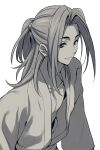  1boy azuma_kikuchiyo bare_pecs bishounen closed_mouth collarbone commentary dougi from_side grey_background greyscale highres idejuu! long_hair looking_at_viewer male_focus monochrome pectorals ponytail sayshownen simple_background smile solo twitter_username upper_body watermark 