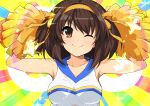  1girl bangs breasts brown_eyes brown_hair collarbone eyebrows_visible_through_hair haruhisky highres holding looking_at_viewer medium_breasts medium_hair one_eye_closed pom_poms shiny shiny_hair simple_background sleeveless smile solo sparkle suzumiya_haruhi suzumiya_haruhi_no_yuuutsu upper_body 