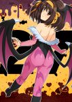  1girl absurdres animal_print ass bangs bat_print boots brown_eyes brown_hair cosplay eyebrows_visible_through_hair hair_ornament haruhisky highleg highleg_leotard highres leotard low_wings morrigan_aensland morrigan_aensland_(cosplay) pantyhose shiny shiny_skin solo suzumiya_haruhi suzumiya_haruhi_no_yuuutsu wings 