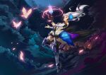  absurdres armor boots bug butterfly closed_eyes gwendolyn_(odin_sphere) highres holding holding_spear holding_weapon insect moon night night_sky odin_sphere polearm sky spear splish thigh-highs thigh_boots tree weapon white_hair 