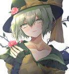  1girl bangs black_headwear blouse blush bow closed_mouth expressionless eyeball eyebrows_visible_through_hair fingernails flat_chest flower frills green_eyes green_hair hair_between_eyes hat hat_bow hat_flower head_tilt highres komeiji_koishi long_sleeves looking_at_viewer pink_flower plant shiromoru_(yozakura_rety) short_hair signature simple_background solo third_eye touhou upper_body vines white_background wide_sleeves yellow_blouse yellow_bow 