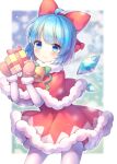  1girl ahoge bangs bell blue_eyes blue_hair blue_wings blurry blurry_background blush bow box brown_mittens capelet cirno closed_mouth commentary_request depth_of_field detached_wings dress eyebrows_visible_through_hair fur-trimmed_capelet fur-trimmed_dress fur-trimmed_mittens fur_trim gift gift_box green_bow hair_bow holding holding_gift ice ice_wings long_sleeves looking_at_viewer mittens pantyhose pjrmhm_coa red_bow red_capelet red_dress smile solo standing touhou white_legwear wings 