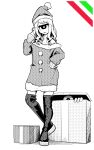  1girl 1other bare_shoulders blonde_hair boots box christmas commentary_request crossed_legs cyclops dithering full_body gift gift_box greyscale halftone hand_on_hip hat head_tilt hiding long_hair looking_at_viewer monochrome one-eyed platform_boots santa_costume santa_hat simple_background spot_color standing thigh-highs thigh_boots white_background yakochu 