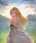  1girl bangs bare_shoulders blonde_hair blue_eyes bruise clouds collarbone day dress grass hands_clasped happy highres injury lliixxxxyy long_hair looking_at_viewer open_mouth outdoors own_hands_together parted_bangs pointy_ears princess_zelda sleeveless sleeveless_dress smile solo strapless strapless_dress the_legend_of_zelda the_legend_of_zelda:_breath_of_the_wild tree white_dress 