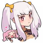  2girls alternate_hairstyle artist_name bow closed_eyes closed_mouth do_m_kaeru fire_emblem fire_emblem:_three_houses hair_bow hilda_valentine_goneril long_hair lysithea_von_ordelia multiple_girls open_mouth pink_eyes pink_hair simple_background twintails white_background white_hair 