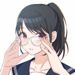  1girl adjusting_eyewear black_hair black_sailor_collar blush collarbone commentary_request glasses hands_up looking_at_viewer minatoasu original parted_lips ponytail portrait red_eyes sailor_collar school_uniform serafuku simple_background solo white_background 