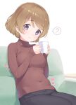  1girl ? bangs breasts brown_hair couch covered_navel cup eichisu eyebrows_visible_through_hair highres holding holding_cup koizumi_hanayo long_sleeves looking_at_viewer love_live! short_hair sitting small_breasts smile solo spoken_question_mark swept_bangs turtleneck violet_eyes 