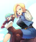  2girls :o android_18 aqua_hair arm_up asymmetrical_clothes bandaid bandaid_on_cheek bandaid_on_face belt biting biting_clothes black_legwear black_shirt blonde_hair blue_eyes blue_skirt blue_sky breasts brown_belt brown_gloves bulma clouds cloudy_sky crossed_legs day denim denim_skirt dragon_ball dragon_ball_(classic) dragon_ball_z dutch_angle elbow_pads eyebrows_visible_through_hair eyelashes facing_viewer feet_out_of_frame gloves hand_in_hair hand_on_own_leg hand_up impossible_clothes large_breasts long_hair looking_afar looking_at_viewer looking_down multiple_girls ommmyoh open_mouth outdoors pants pantyhose rock shaded_face shiny shiny_hair shirt shirt_tucked_in short_hair single_pantsleg sitting sitting_on_rock skirt sky straight_hair striped striped_shirt teeth thighs upper_teeth waistcoat white_shirt 