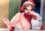  1girl blue_eyes boots breasts brown_hair christmas detached_sleeves fur-trimmed_headwear fur-trimmed_sleeves fur_trim hairband hat headgear hiei_(kantai_collection) indoors kantai_collection long_sleeves medium_breasts nikku_(nzaf5832) one_eye_closed open_window red_footwear red_headwear red_sleeves remodel_(kantai_collection) sack santa_boots santa_costume santa_hat shoes short_hair single_shoe sitting solo window 