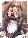  1girl absurdly_long_hair apron bangs black_dress black_footwear blurry blurry_background breasts brown_eyes brown_hair character_request copyright_request crossed_bangs dress eyebrows_visible_through_hair gift hair_between_eyes highres holding holding_gift juliet_sleeves kneeling long_hair long_sleeves looking_at_viewer maid_apron maid_headdress mary_janes medium_breasts oert129 open_mouth puffy_sleeves shoes solo twintails very_long_hair white_apron white_headwear 