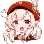  1girl ahoge bangs blush dress genshin_impact hair_between_eyes hat hat_feather klee_(genshin_impact) long_hair looking_at_viewer low_twintails lowres nepiui38 open_mouth pointy_ears red_dress red_eyes red_headwear smile solo twintails white_feathers 