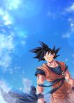  1boy black_eyes blue_hair blue_shirt blue_sky closed_mouth collarbone dougi dragon_ball dragon_ball_z dutch_angle long_hair male_focus mattari_illust shirt short_sleeves sky smile solo son_goku spiky_hair twitter_username wristband 