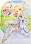  2girls bangs bare_shoulders blonde_hair blue_eyes blush breasts cape colored_pencil_(medium) detached_sleeves dress floating flower food food_request genshin_impact grass hair_between_eyes hair_flower hair_ornament halo highres holding holding_food looking_at_viewer lumine_(genshin_impact) medium_breasts meillandina multiple_girls open_mouth paimon_(genshin_impact) pink_flower scarf short_hair sitting sky traditional_media white_dress white_hair white_legwear yellow_eyes 